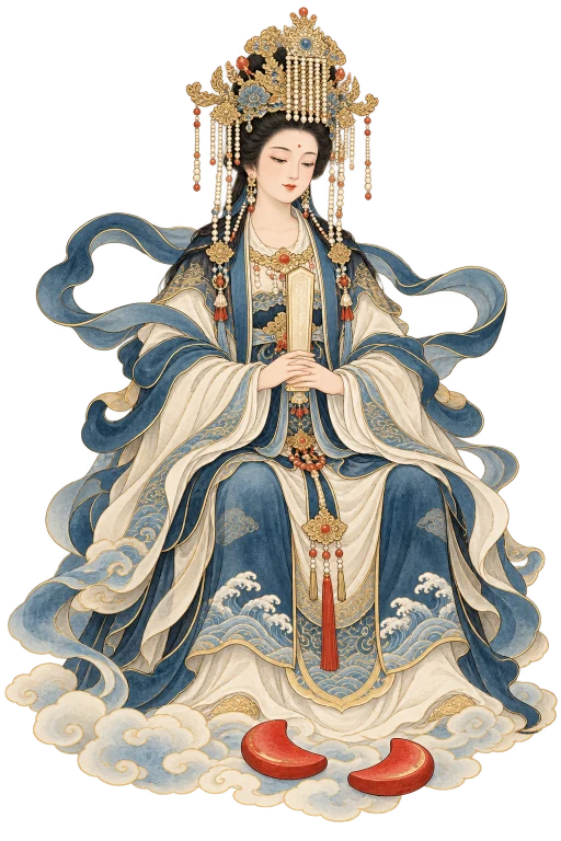 妈祖民俗插画，配以一对月牙筊杯